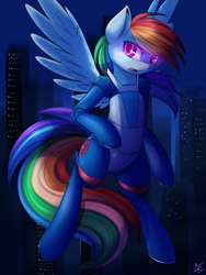Size: 3000x4000 | Tagged: safe, artist:spittfireart, character:rainbow dash, species:pegasus, species:pony, bedroom eyes, bodysuit, bubblegum crisis, city, crossover, cyborg, female, glowing eyes, hardsuit, night, open mouth, semi-anthro, solo