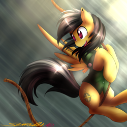 Size: 1600x1600 | Tagged: safe, artist:spittfireart, character:daring do, species:pegasus, species:pony, action pose, female, rope, solo, swinging