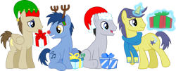 Size: 1405x569 | Tagged: safe, artist:chainchomp2, character:blues, character:comet tail, character:lucky clover, character:mane moon, character:noteworthy, species:earth pony, species:pegasus, species:pony, species:unicorn, christmas, clothing, crescent pony, elf hat, hat, hearth's warming, male, present, reindeer antlers, santa hat, scarf, simple background, sitting, stallion, transparent background, vector