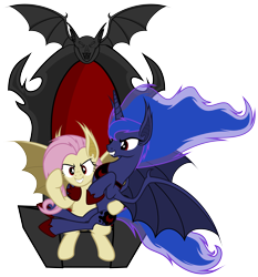 Size: 5600x6000 | Tagged: safe, alternate version, artist:magister39, character:flutterbat, character:fluttershy, character:princess luna, species:bat pony, species:pony, ship:lunashy, absurd resolution, background removed, female, glare, grin, hug, lesbian, lunabat, moonbat, race swap, shipping, simple background, sitting, smiling, smirk, spread wings, throne, transparent background, vector, wings