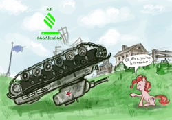 Size: 1280x898 | Tagged: safe, artist:agm, character:pinkie pie, species:earth pony, species:pony, dialogue, female, kv-1, mare, smiling, tank (vehicle), upside down, vehicle, world of tanks