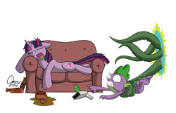 Size: 1000x645 | Tagged: safe, artist:omny87, character:spike, character:twilight sparkle, character:twilight sparkle (unicorn), species:dragon, species:pony, species:unicorn, alcohol, couch, drool, drunk, drunk twilight, portal, portal gun (rick and morty), rick and morty, sleeping, tentacles, twirick, wormhole
