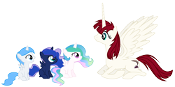 Size: 6000x3000 | Tagged: safe, artist:magister39, character:princess celestia, character:princess luna, oc, oc:fausticorn, oc:white flare, species:alicorn, species:pony, absurd resolution, alicorn oc, cewestia, filly, foal, open mouth, prone, simple background, smiling, spread wings, transparent background, vector, wings, woona