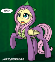 Size: 800x908 | Tagged: safe, artist:arthur9078, artist:spittfireart, character:fluttershy, character:spike, species:pegasus, species:pony, blush sticker, blushing, clothing, colored, confused, costume, cute, dragon costume, fanfic art, female, floppy ears, kigurumi, looking up, mare, open mouth, raised hoof, rar, rawr, shyabetes, simple background, solo