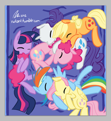 Size: 1210x1320 | Tagged: safe, artist:rwl, character:applejack, character:fluttershy, character:pinkie pie, character:rainbow dash, character:rarity, character:twilight sparkle, ship:omniship, bed, cuddle puddle, cuddling, cute, dawwww, eyes closed, hug, mane six, on back, on side, polyamory, pony pile, shipping, sleep pile, sleeping, snuggling, tail pillow