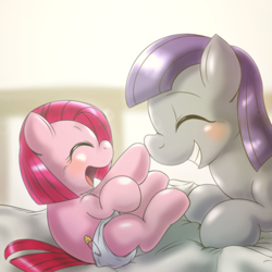 Size: 1000x1000 | Tagged: dead source, safe, artist:ushiro no kukan, character:maud pie, character:pinkie pie, baby pie, boop, cute, diaper, diapinkes, duo, eyes closed, filly, grin, maudabetes, on back, open mouth, pie sisters, prone, sisters, smiling, ushiro is trying to murder us, weapons-grade cute, when she smiles, younger
