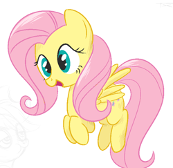 Size: 702x681 | Tagged: safe, artist:tex, character:fluttershy, species:pegasus, species:pony, female, looking at you, mare, open mouth, simple background, smiling, solo, spread wings, three quarter view, white background, wings