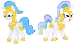 Size: 6000x3600 | Tagged: safe, artist:magister39, character:princess celestia, oc, oc:white flare, species:alicorn, species:pony, absurd resolution, alicorn oc, armor, frown, glare, guardsmare, open mouth, royal guard, serious face, simple background, smirk, transparent background, vector