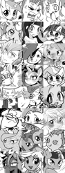 Size: 450x1200 | Tagged: safe, artist:k-nattoh, character:apple bloom, character:applejack, character:derpy hooves, character:diamond tiara, character:fluttershy, character:lyra heartstrings, character:ms. harshwhinny, character:pinkamena diane pie, character:pinkie pie, character:princess luna, character:pumpkin cake, character:queen chrysalis, character:rainbow dash, character:rarity, character:scootaloo, character:sweetie belle, character:trixie, character:twilight sparkle, character:twilight sparkle (scitwi), species:eqg human, species:pegasus, species:pony, episode:simple ways, g4, my little pony: friendship is magic, my little pony:equestria girls, bedroom eyes, collage, cutie mark crusaders, eyebrows, grayscale, heart, looking at you, mane six, monochrome, ponidox, rarihick, self ponidox, spit take, wonderbolts uniform