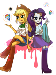 Size: 675x893 | Tagged: safe, artist:weiliy, character:applejack, character:rainbow dash, character:rarity, my little pony:equestria girls, applejack's hat, boots, clothing, cowboy boots, cowboy hat, discussion, duo, female, hat, pixiv, shoes, skirt