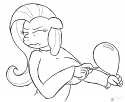 Size: 2268x1848 | Tagged: safe, artist:gunpowdergreentea, character:fluttershy, species:anthro, balloon, balloon popping, black and white, female, grayscale, impending doom, monochrome, needle, solo