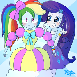 Size: 1000x1000 | Tagged: safe, artist:riouku, character:rainbow dash, character:rarity, my little pony:equestria girls, blushing, bow, clothing, cute, dashabetes, dress, model, modeling, ponytail, rainbow dash always dresses in style, rainbow dash is not amused, raribetes, scene interpretation, shrug, things friends do for each other, this is our big night, tomboy taming, unamused