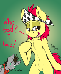 Size: 1000x1222 | Tagged: safe, artist:punk-pegasus, character:apple bloom, oc, oc:menzing, alternate hairstyle, bad bloom, bandana, bare chest, belly button, semi-anthro