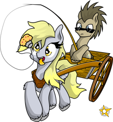 Size: 1024x1098 | Tagged: safe, artist:amberpendant, character:derpy hooves, character:doctor whooves, character:time turner, species:pegasus, species:pony, carrot on a stick, cart, female, fishing rod, mare, muffin, pulling, simple background, sunglasses, transparent background, unshorn fetlocks