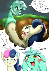 Size: 1000x1463 | Tagged: safe, artist:ushiro no kukan, character:bon bon, character:lyra heartstrings, character:sweetie drops, blushing, bon bon is not amused, cliff, drool, hand, lyra's thought meme, meme, rescue, thought bubble