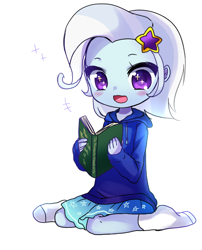 Size: 500x619 | Tagged: safe, artist:weiliy, character:trixie, my little pony:equestria girls, alternate hairstyle, barrette, blushing, book, clothing, cute, dawwww, diatrixes, dress, eye sparkles, female, hairclip, hairpin, happy, hnnng, hoodie, open mouth, reading, short hair, simple background, sitting, skirt, smiling, socks, solo, the wizard of oz, the wonderful wizard of oz, weiliy is trying to murder us, white background, wingding eyes, younger