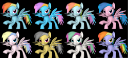Size: 2197x1000 | Tagged: safe, artist:pika-robo, character:blossomforth, character:daring do, character:firefly, character:holly dash, character:rainbow blaze, character:rainbow dash, character:rainbow dash (g3), g1, g3, 3d, alternate costumes, g1 to g4, g3 to g4, generation leap, source filmmaker