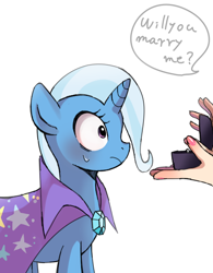 Size: 500x640 | Tagged: safe, artist:weiliy, character:trixie, species:human, cute, diatrixes, engagement ring, female, interspecies, lesbian, marriage proposal, sweat, waifu