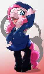 Size: 600x1000 | Tagged: safe, artist:ushiro no kukan, character:pinkie pie, species:pony, bipedal, female, hand cuffs, police, police officer, police pony, solo