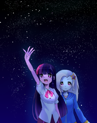 Size: 700x886 | Tagged: safe, artist:weiliy, character:trixie, character:twilight sparkle, ship:twixie, my little pony:equestria girls, anime, female, lesbian, night sky, shipping, stars