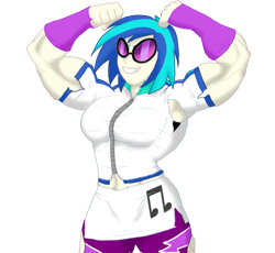Size: 931x856 | Tagged: safe, artist:advanceddefense, character:dj pon-3, character:vinyl scratch, species:human, armpits, breasts, busty vinyl scratch, clothing, female, flexing, humanized, muscle expansion, muscle growth, muscles, ripping clothes, solo, torn clothes, vinyl smash, wardrobe malfunction