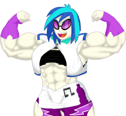 Size: 931x856 | Tagged: safe, artist:advanceddefense, character:dj pon-3, character:vinyl scratch, species:human, armpits, breasts, busty vinyl scratch, clothing, female, flexing, humanized, muscle expansion, muscle growth, muscles, overdeveloped muscles, ripping clothes, simple background, solo, torn clothes, transparent background, underboob, vinyl smash, wardrobe malfunction