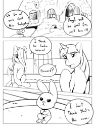 Size: 750x1000 | Tagged: safe, artist:freckles, character:angel bunny, character:fluttershy, character:twilight sparkle, comic:fluffing up, comic, monochrome