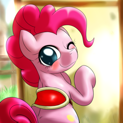 Size: 1000x1000 | Tagged: safe, artist:ushiro no kukan, character:pinkie pie, cute, diapinkes, female, looking back, saddle, solo, wink
