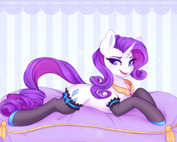 Size: 1000x800 | Tagged: safe, artist:spittfireart, character:rarity, species:pony, species:unicorn, beautiful, clothing, cute, element of generosity, female, mare, open mouth, pillow, prone, raribetes, smiling, solo, stockings