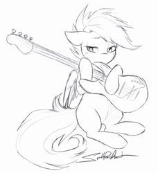 Size: 3719x4084 | Tagged: safe, artist:spittfireart, character:scootaloo, species:pegasus, species:pony, bass guitar, female, monochrome, musical instrument, scootabass, solo