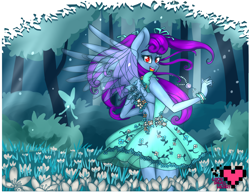 Size: 3850x2975 | Tagged: safe, artist:ladypixelheart, oc, oc only, oc:lyrica spring, species:anthro, butterfly, clothing, dress, high res, solo, transparent wings