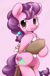 Size: 1250x1920 | Tagged: safe, artist:dshou, character:sugar belle, species:pony, species:unicorn, episode:the cutie map, g4, my little pony: friendship is magic, apron, bowl, clothing, cute, female, happy, looking at you, mare, mixing bowl, open mouth, solo, stool, sugarbetes