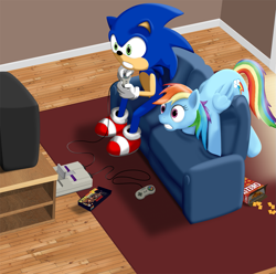 Size: 1211x1200 | Tagged: safe, artist:styroponyworks, character:rainbow dash, character:sonic the hedgehog, cheez-it, cheez-its, crossover, diddy kong, dixie kong, donkey kong country, donkey kong country 2, sonic the hedgehog (series), super nintendo