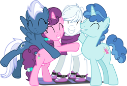 Size: 2945x2000 | Tagged: safe, artist:chainchomp2, character:double diamond, character:night glider, character:party favor, character:sugar belle, species:earth pony, species:pegasus, species:pony, species:unicorn, episode:the cutie map, g4, my little pony: friendship is magic, .svg available, clothing, cute, double dawwmond, equal four, eyes closed, favorbetes, female, glideabetes, group hug, happy, high res, hug, male, mare, scarf, simple background, skis, smiling, stallion, sugarbetes, transparent background, vector