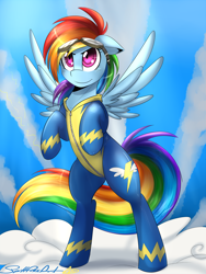 Size: 1600x2133 | Tagged: safe, artist:spittfireart, character:rainbow dash, species:pegasus, species:pony, clothing, cloud, confident, confidentially cute, cute, female, goggles, hilarious in hindsight, pink eyes, solo, uniform, wings, wonderbolts, wonderbolts uniform