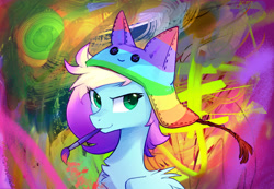Size: 1592x1104 | Tagged: safe, artist:tomatocoup, oc, oc only, oc:bytes, species:pegasus, species:pony, clothing, female, hat, mare, paintbrush