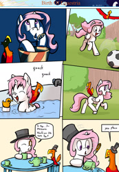 Size: 1280x1853 | Tagged: safe, artist:shieltar, character:philomena, character:princess celestia, species:alicorn, species:bird, species:phoenix, species:pony, comic:birth of equestria, bath, bathtub, bush, cewestia, clothing, comic, cup, cute, cutelestia, dialogue, duck pony, eating, faucet, filly, football, grass, hat, mane, monocle, popcorn, quack, rubber duck, sky, smiling, surprised, table, teapot, top hat, tree, water, wings