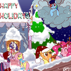 Size: 638x638 | Tagged: safe, artist:bunnimation, character:applejack, character:fluttershy, character:pinkie pie, character:rainbow dash, character:rarity, character:twilight sparkle, boots, clothing, cloud, cloudy, hat, mane six, scarf, snow, snowfall, winter