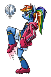 Size: 600x900 | Tagged: safe, artist:needsmoarg4, character:rainbow dash, species:anthro, ball, clothing, female, football, solo