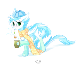 Size: 700x597 | Tagged: safe, artist:tomatocoup, oc, oc only, oc:patch, species:dracony, species:dragon, species:pony, clothing, feathered dragon, hybrid, scarf, solo, tea