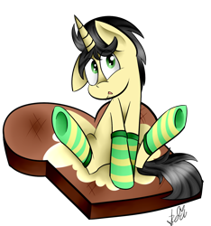 Size: 1500x1600 | Tagged: safe, artist:befishproductions, oc, oc only, oc:butter butt, butter pony, clothing, signature, simple background, socks, solo, striped socks, toast, transparent background