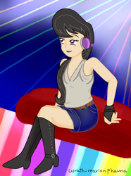 Size: 704x944 | Tagged: safe, alternate version, artist:wrath-marionphauna, character:octavia melody, species:human, boots, clothing, female, headphones, humanized, lipstick, mittens, party, shoes, shorts, sitting, solo