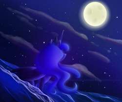 Size: 1280x1075 | Tagged: safe, artist:silentwulv, character:princess luna, female, looking up, moon, night, sitting, solo, water