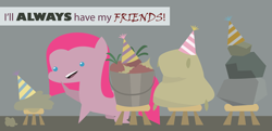 Size: 2156x1046 | Tagged: safe, artist:liracrown, character:pinkamena diane pie, character:pinkie pie, episode:party of one, g4, my little pony: friendship is magic, inanimate object, madame leflour, mr. turnip, pointy ponies, rocky, simple background, sir lintsalot, stool