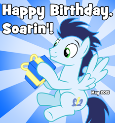 Size: 2800x3000 | Tagged: safe, artist:chainchomp2, character:soarin', species:pegasus, species:pony, birthday, cute, gift art, high res, male, present, soarinbetes, solo, stallion, sunburst background, vector