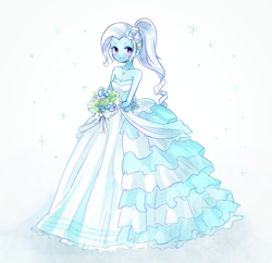 Size: 1000x968 | Tagged: safe, artist:weiliy, character:trixie, my little pony:equestria girls, alternate hairstyle, bare shoulders, beautiful, bouquet, clothing, cute, diatrixes, dress, female, flower, solo, sparkles, wedding dress