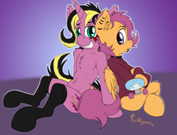 Size: 1200x918 | Tagged: safe, artist:punk-pegasus, character:scootaloo, oc, oc:jazzy rose, species:pegasus, species:pony, bare chest, clothing, collar, lip piercing, piercing, semi-anthro, skateboard, socks, sweater