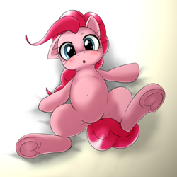 Size: 1000x1000 | Tagged: safe, artist:ushiro no kukan, character:pinkie pie, belly, belly button, blushing, cute, diapinkes, ear down, featureless crotch, female, floppy ears, frog (hoof), heart, hoof heart, looking at you, on back, solo, underhoof, weapons-grade cute