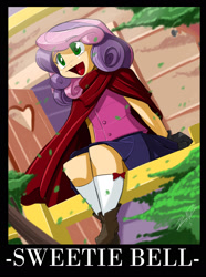 Size: 1466x1966 | Tagged: safe, artist:shonuff44, character:sweetie belle, species:human, cloak, clothing, cute, female, humanized, open mouth, sitting, skirt, smiling, solo, treehouse