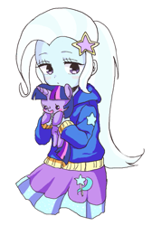 Size: 591x879 | Tagged: safe, artist:weiliy, character:trixie, character:twilight sparkle, my little pony:equestria girls, blushing, female, holding, looking away, open mouth, plushie, shy, smiling, solo
